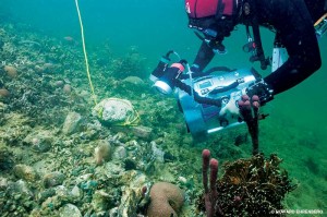 John Chatterton records video of the ballast pile found at the Golden Fleece Wreck Site.