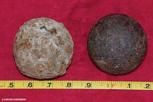 Two cannon balls: The one on the left was found on land and the one on the right was found underwater.